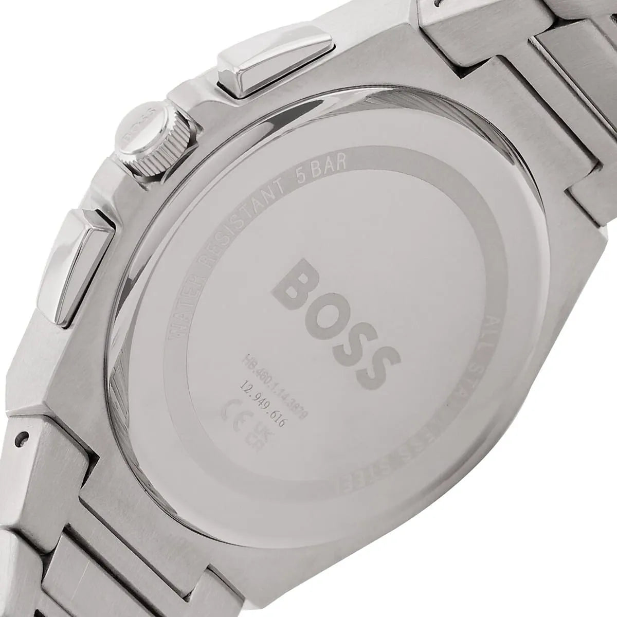 Hugo Boss Steer caseback detail with BOSS branding and watch specifications