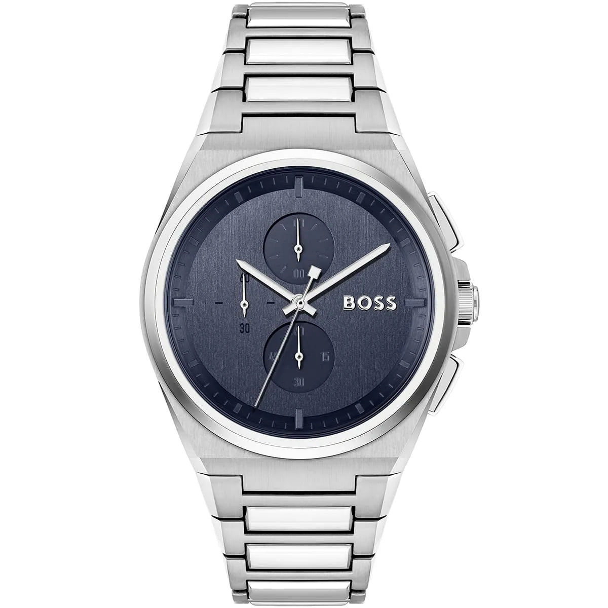 Hugo Boss Steer men's chronograph watch with blue sunburst dial and silver steel bracelet