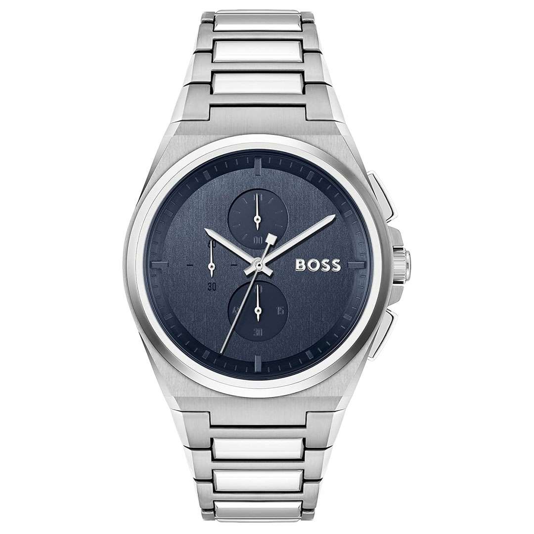Hugo Boss Steer chronograph watch with blue dial and silver steel bracelet