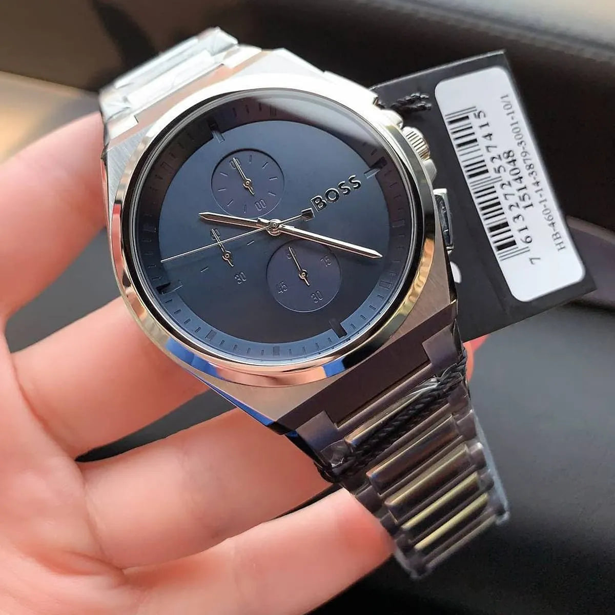 Hugo Boss Steer chronograph watch on-hand with product tag attached