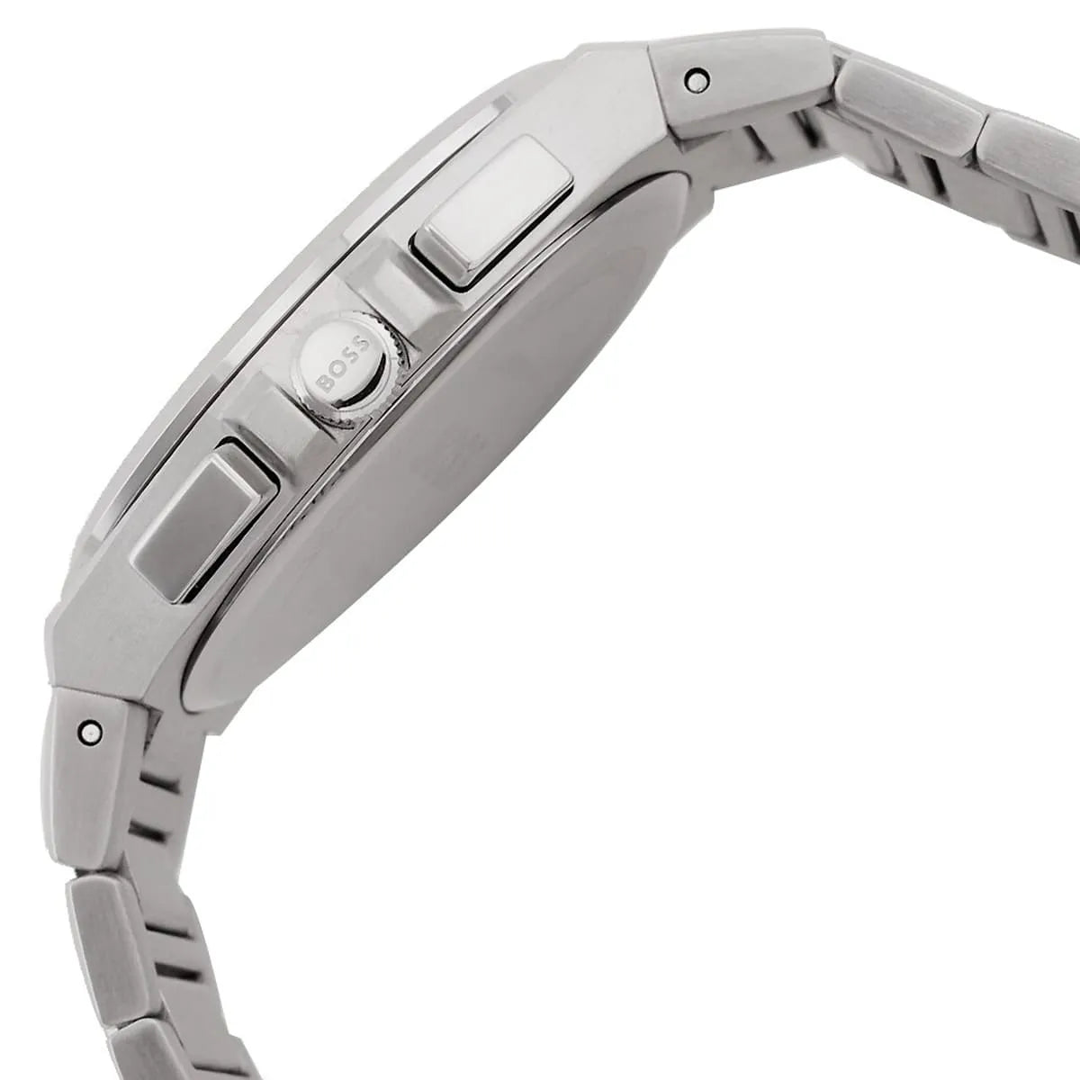 Hugo Boss Steer chronograph watch side view showing case profile and silver metal strap