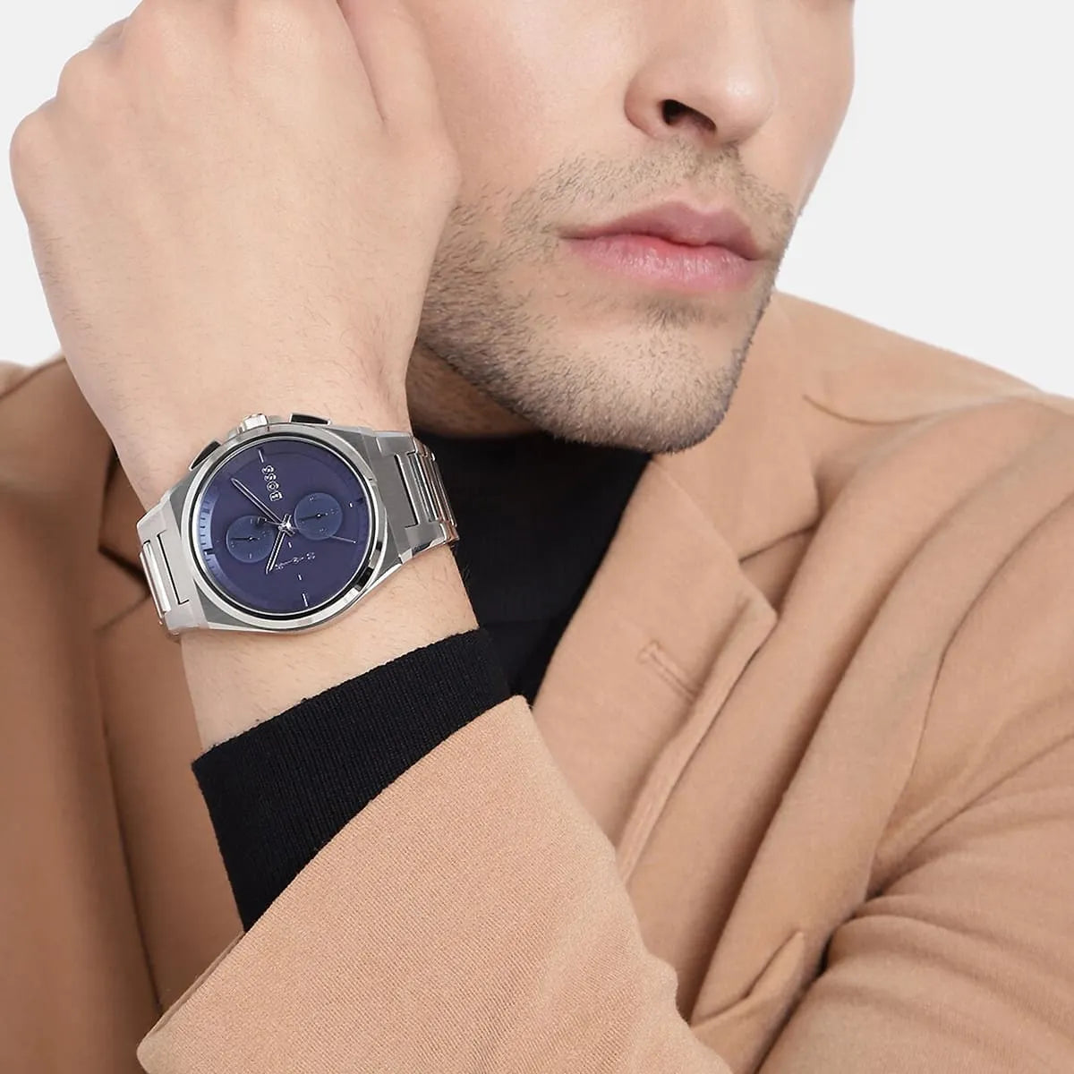 Hugo Boss Steer chronograph watch worn on wrist in lifestyle setting