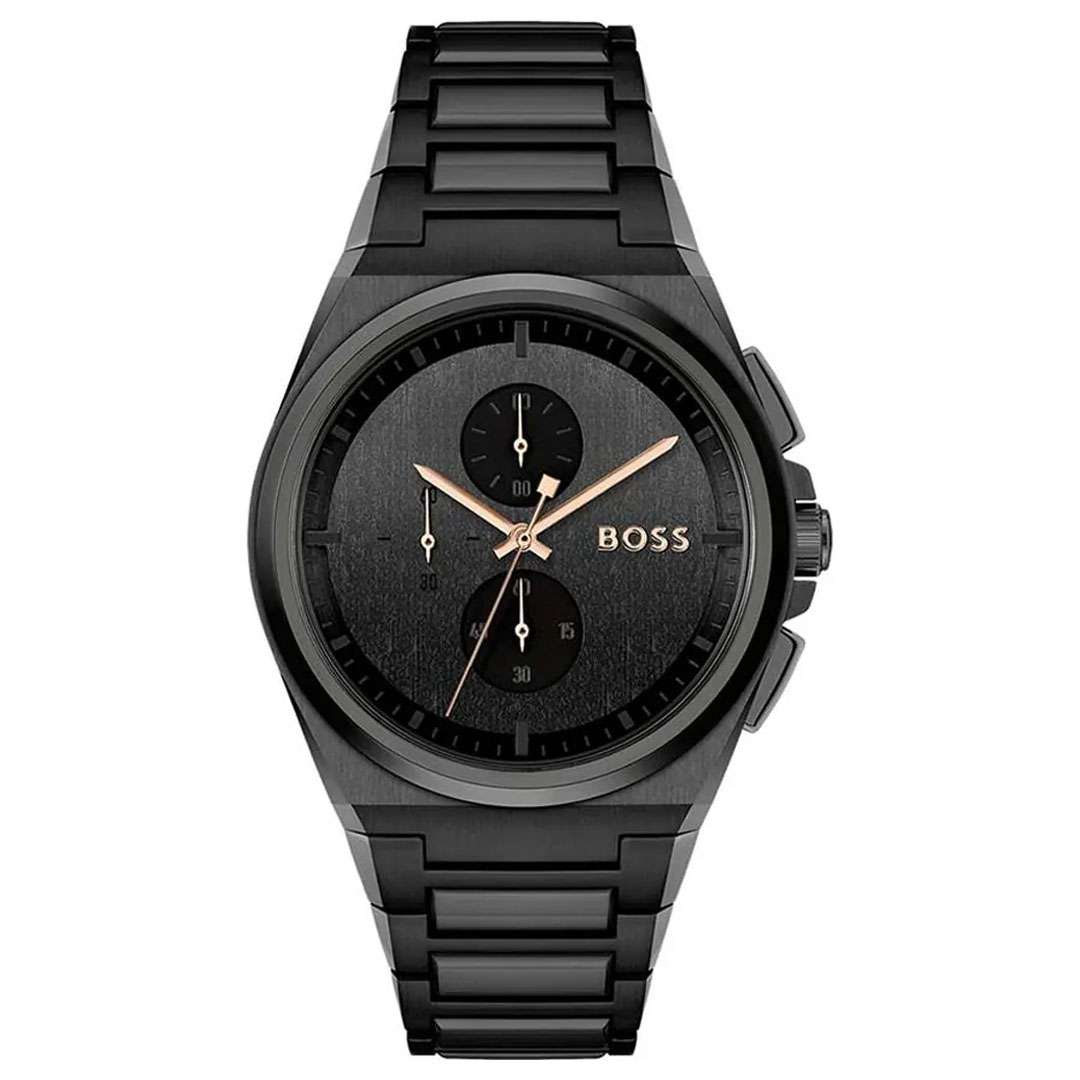 Hugo Boss Steer chronograph men's watch with black dial and rose gold hands