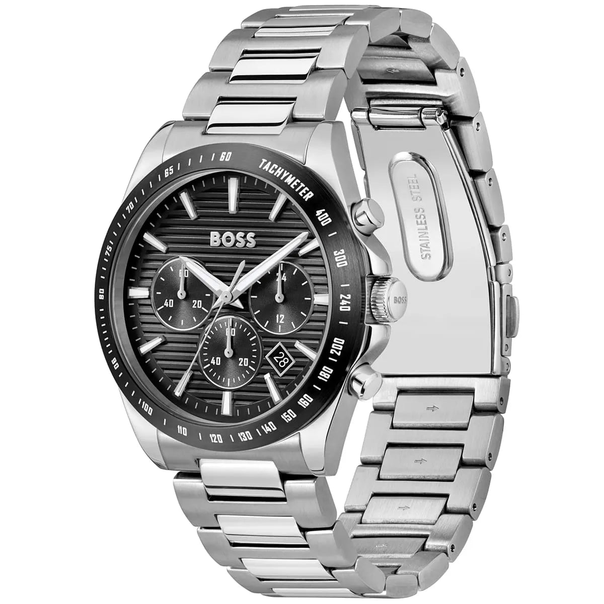 Hugo Boss Strike watch 45-degree angle view showing black dial and steel bracelet