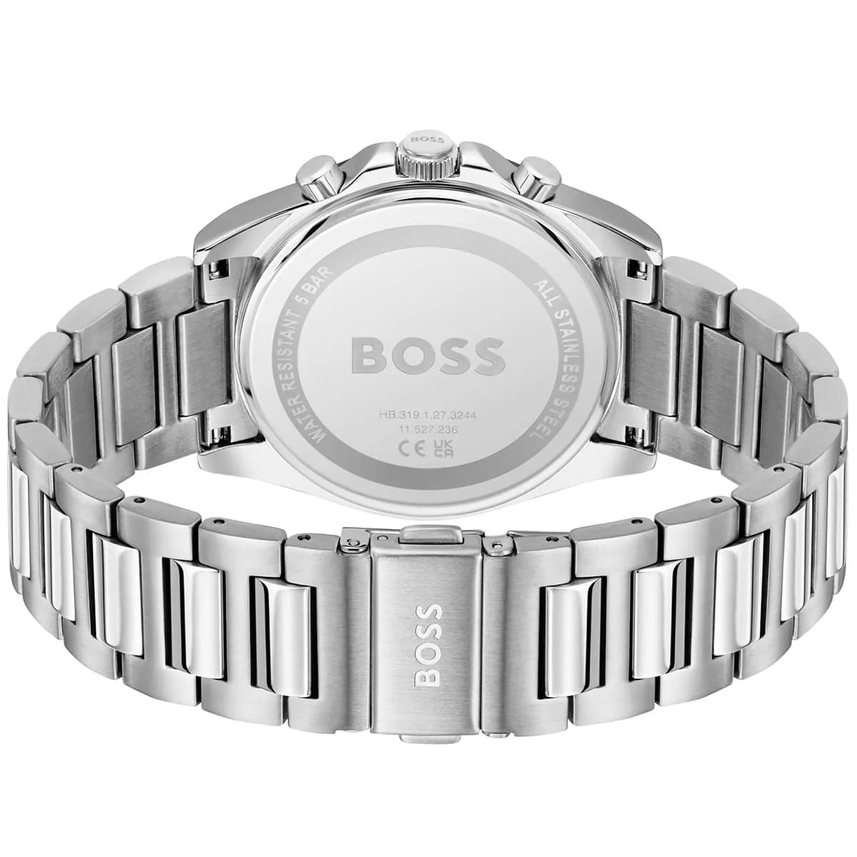 Hugo Boss Strike watch caseback showing stainless steel case with engraved branding