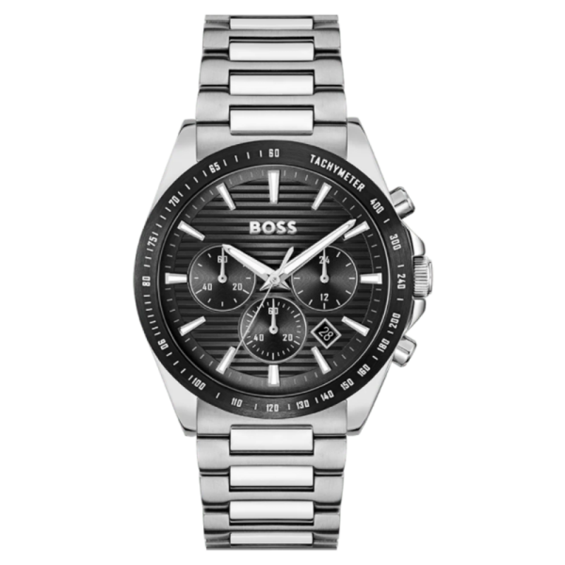 Hugo Boss Strike chronograph watch with black dial and silver steel bracelet