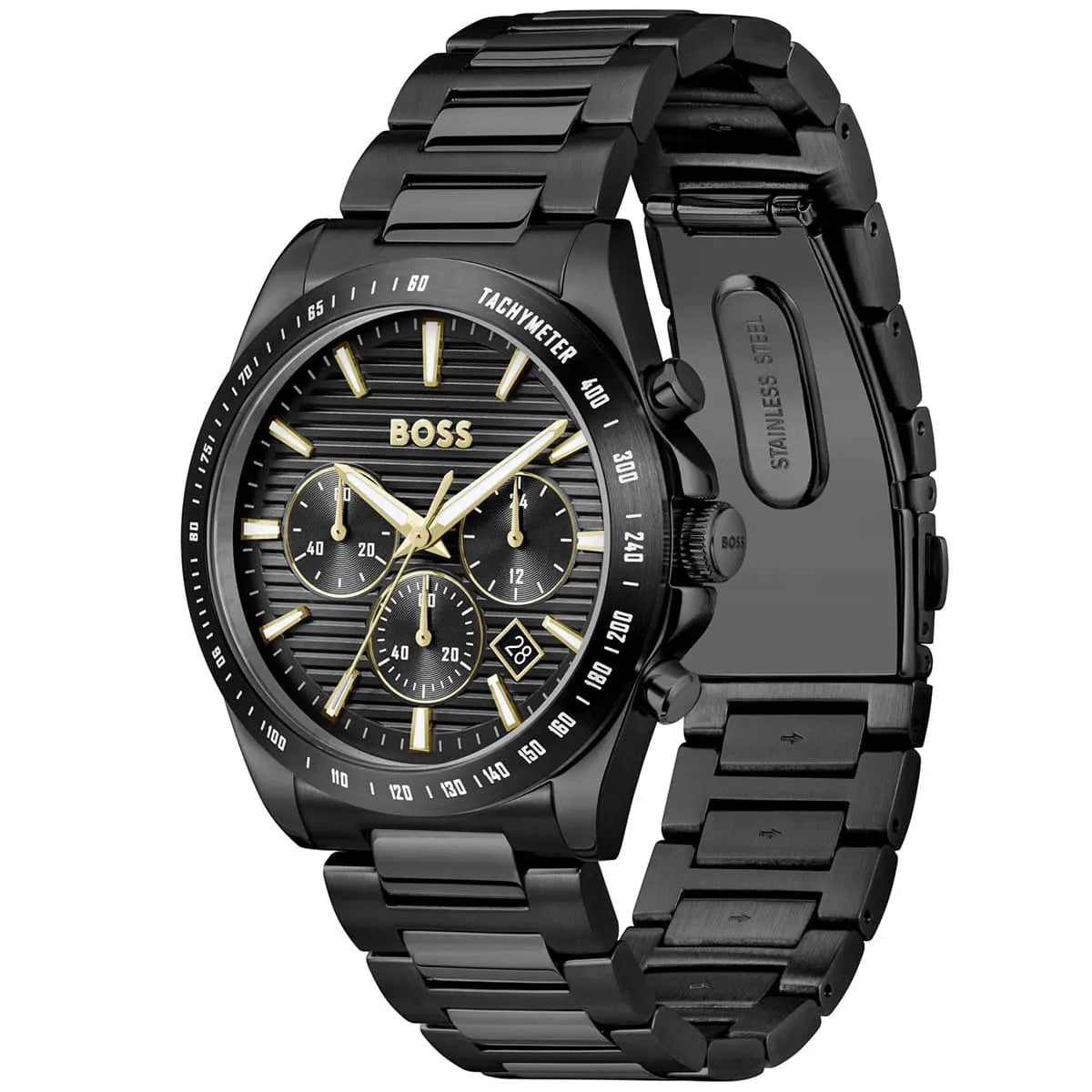 Hugo Boss Strike chronograph watch shown from side angle displaying black metal bracelet and case
