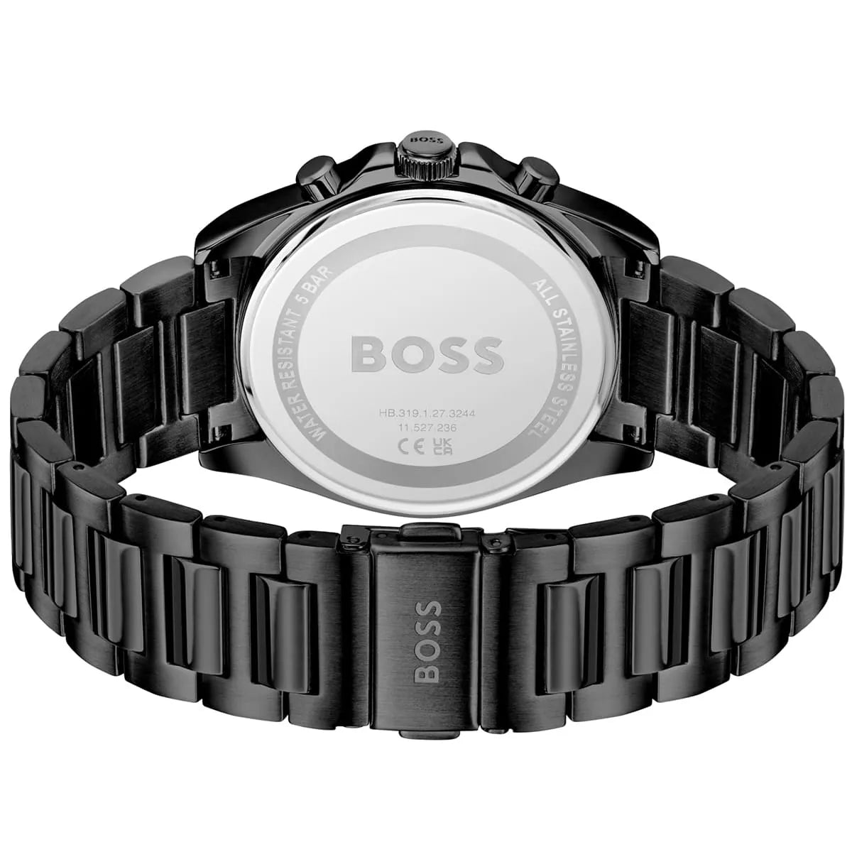 Hugo Boss Strike watch caseback with engraved BOSS logo and model details on steel screw-down case