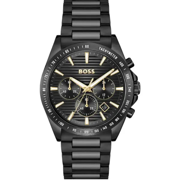 Hugo Boss Strike chronograph men's watch with black dial, gold accents, and black stainless steel bracelet