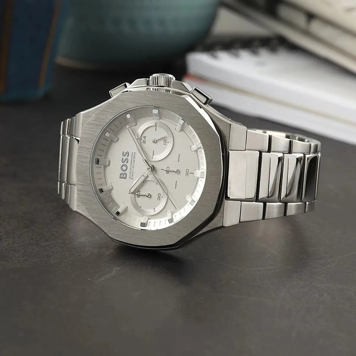 Hugo Boss Taper Chronograph White Dial Silver Steel Strap Watch for Men - 1514087