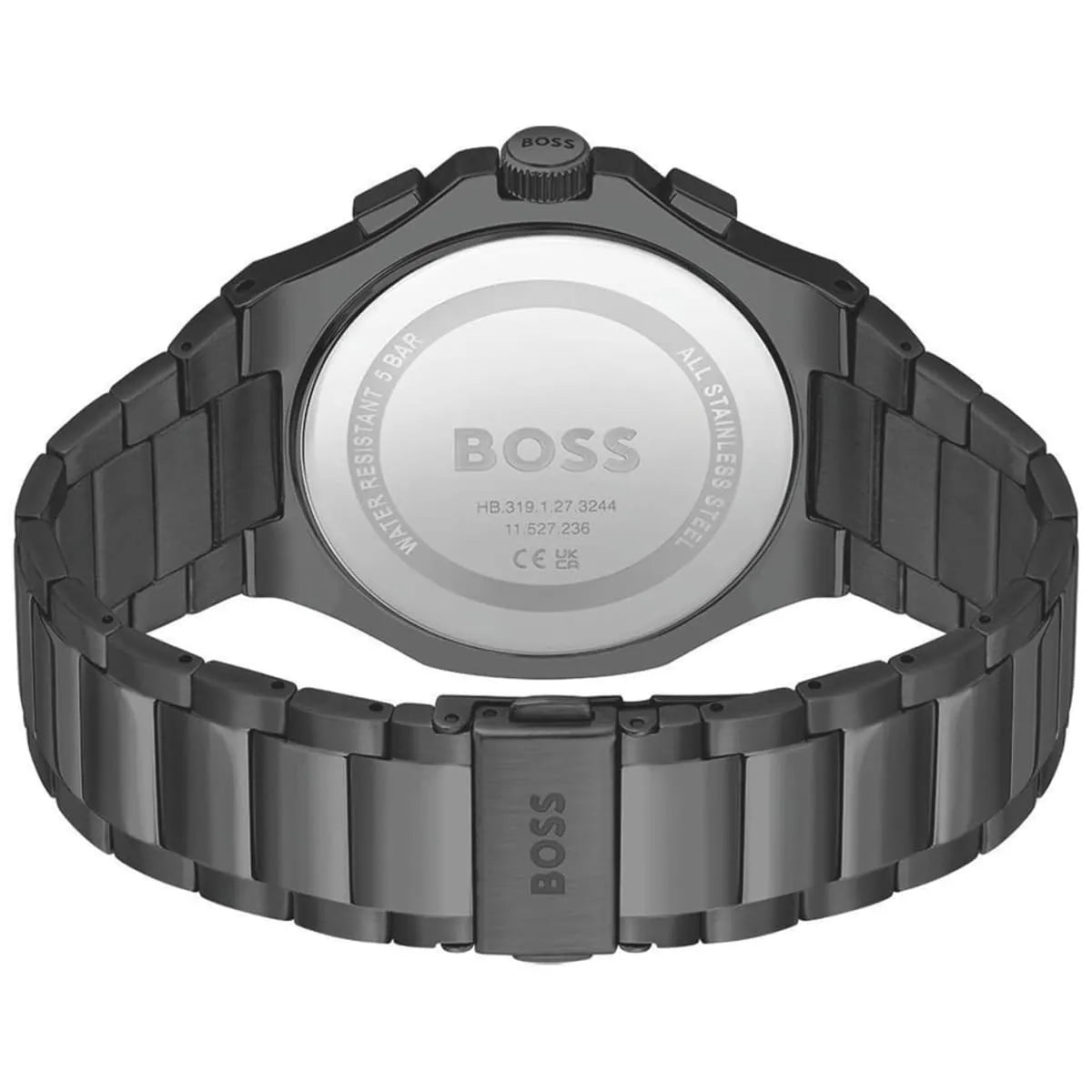 Hugo Boss Taper watch caseback showing steel case back and specifications with black steel links