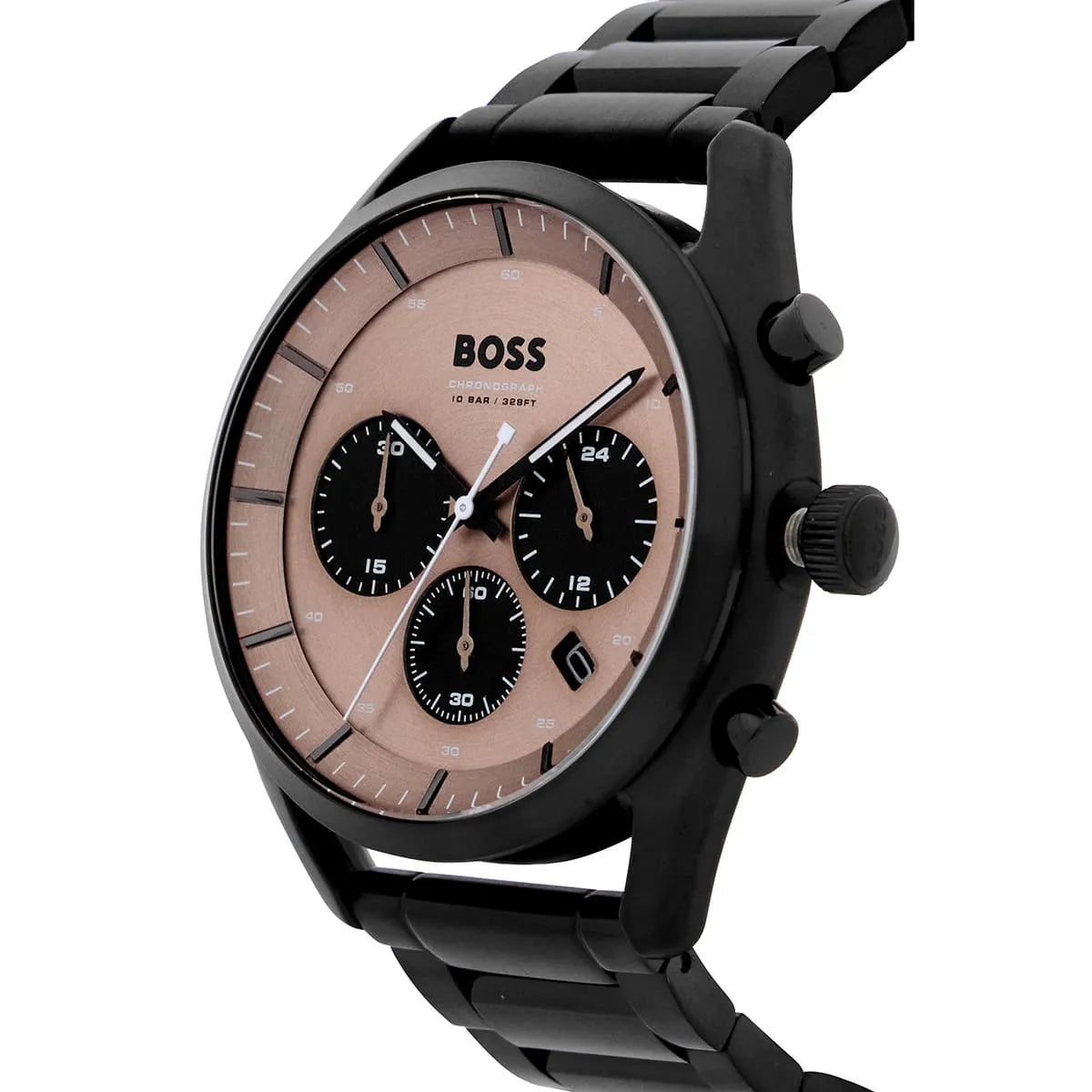 Hugo Boss Top metal bracelet close-up with BOSS branding on clasp