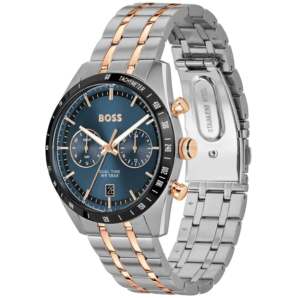 Hugo Boss Tourmaster watch three-quarter view showing blue dial and mixed metal two-tone bracelet