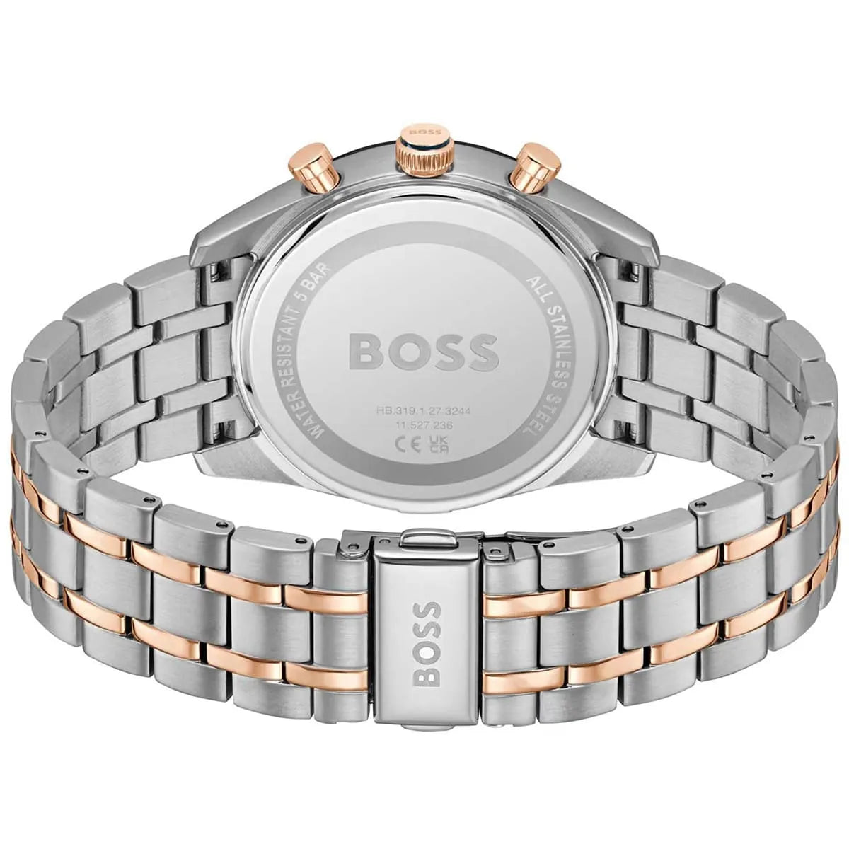 Hugo Boss Tourmaster watch caseback with engraved BOSS logo and specifications