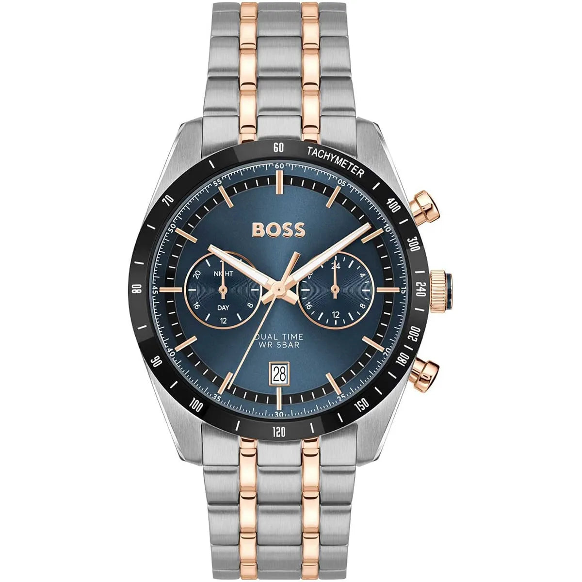 Hugo Boss Tourmaster quartz watch with blue dial, chronograph subdials, stainless steel and rose gold bracelet