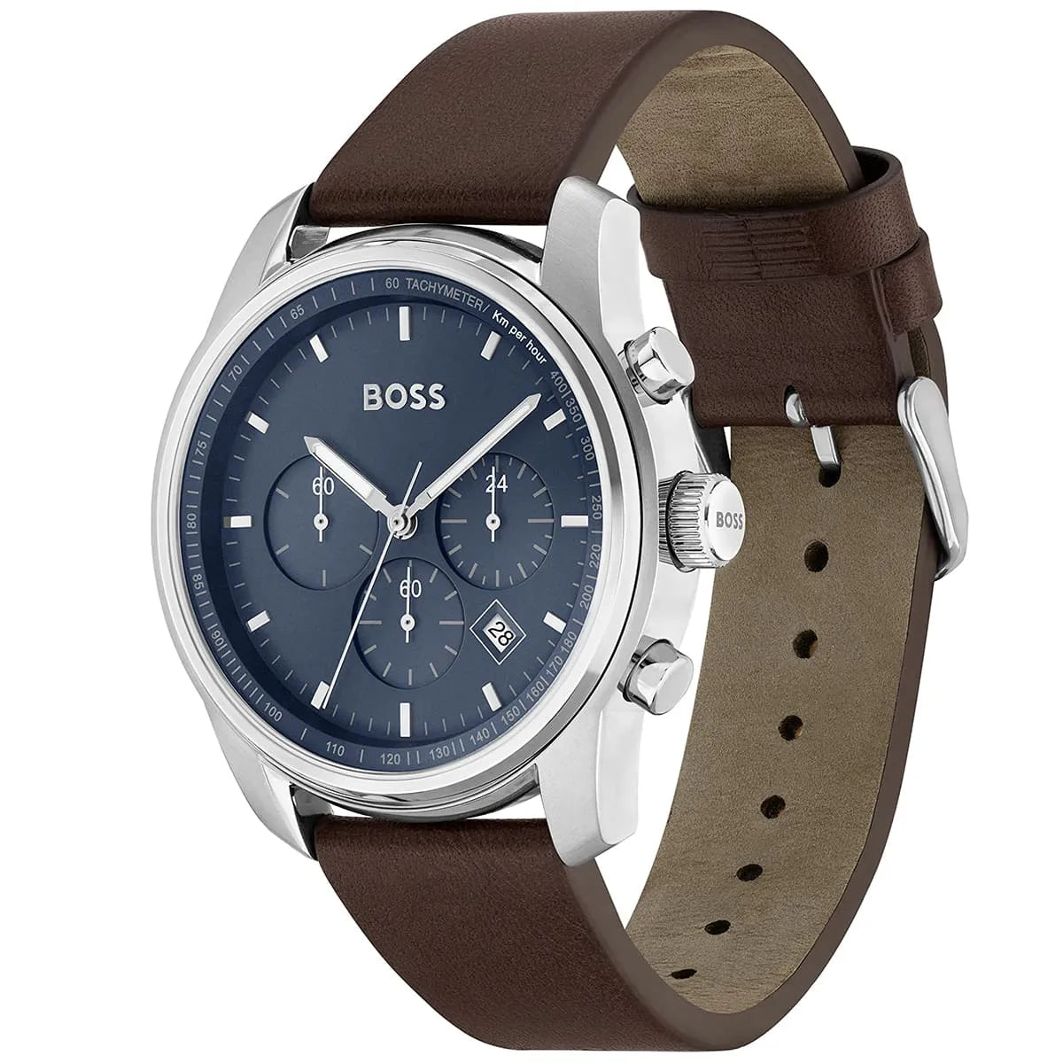 Hugo Boss Trace chronograph watch displayed at angle showing blue dial and brown leather strap detail