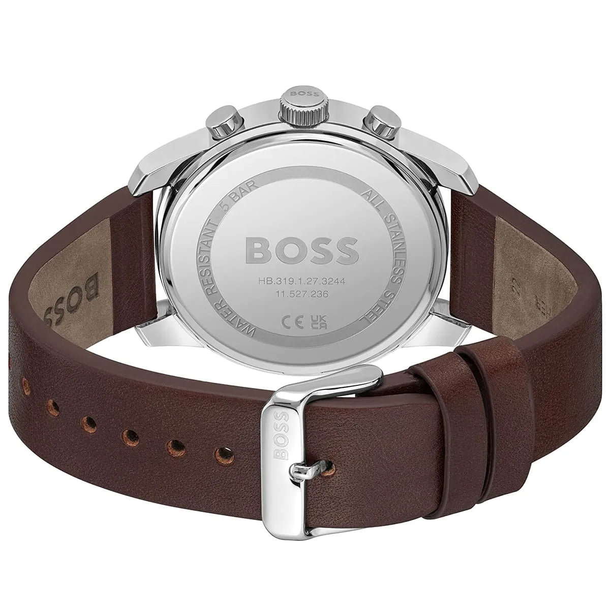 Hugo Boss Trace watch caseback showing silver case with model number and specifications