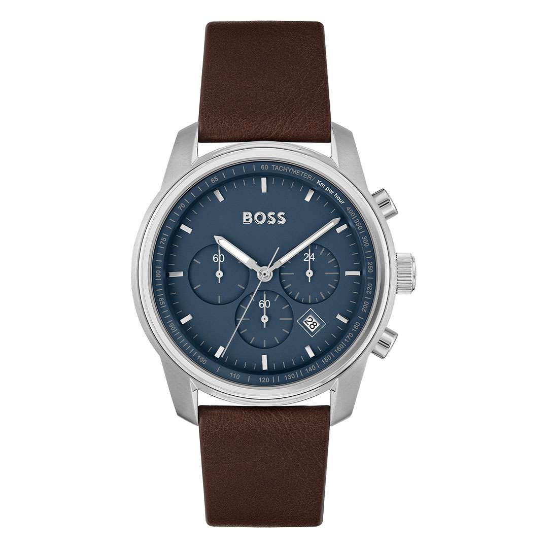 Hugo Boss Trace men's chronograph watch with blue dial, silver case, and brown leather strap