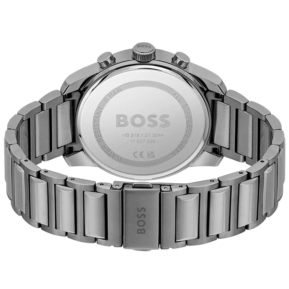 Hugo Boss Trace watch caseback showing steel case with engraved BOSS logo