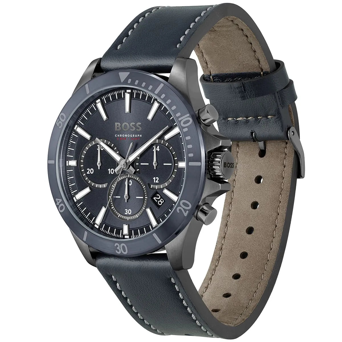 Hugo Boss Troper chronograph watch side view showing blue leather strap and case