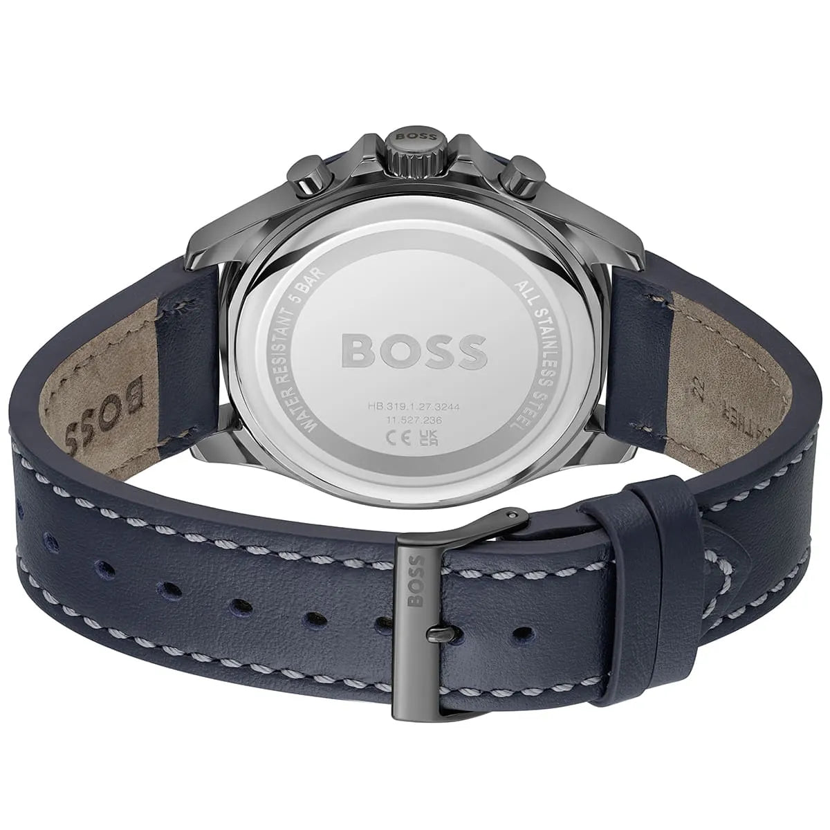 Hugo Boss Troper watch caseback with BOSS branding and leather strap detail