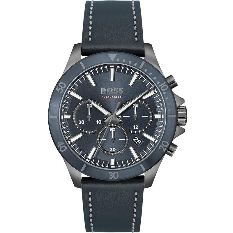 Hugo Boss Troper chronograph watch with blue dial and blue leather strap