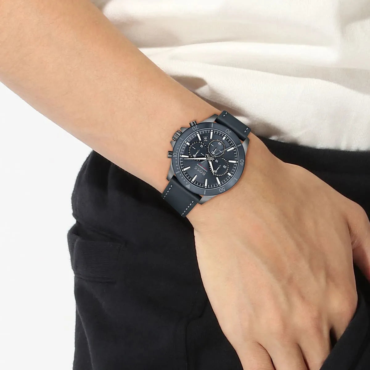 Hugo Boss Troper chronograph watch worn on wrist with blue dial visible