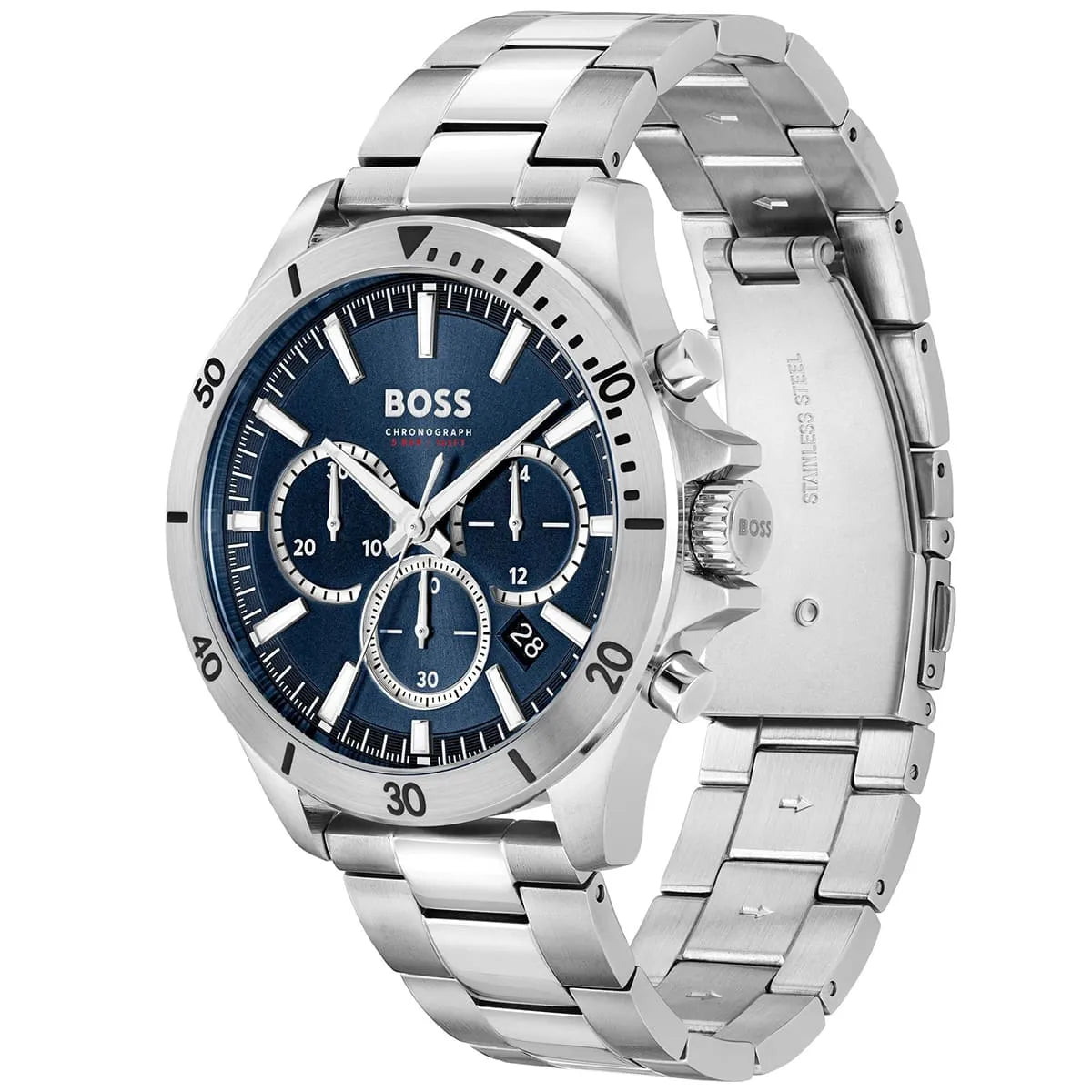 Hugo Boss Troper chronograph from front angle showing blue dial and silver metal band