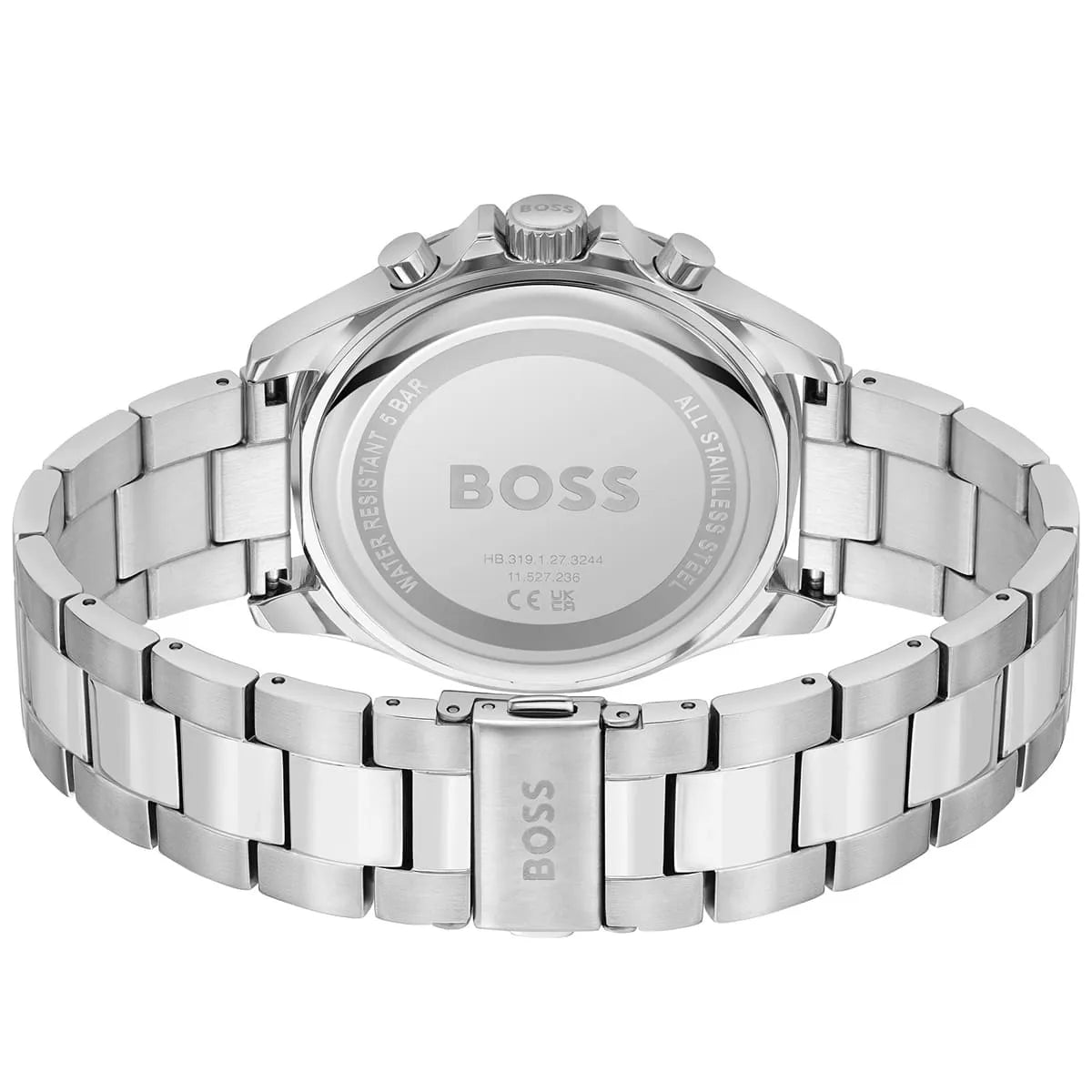 Hugo Boss Troper caseback showing stainless steel case and link bracelet