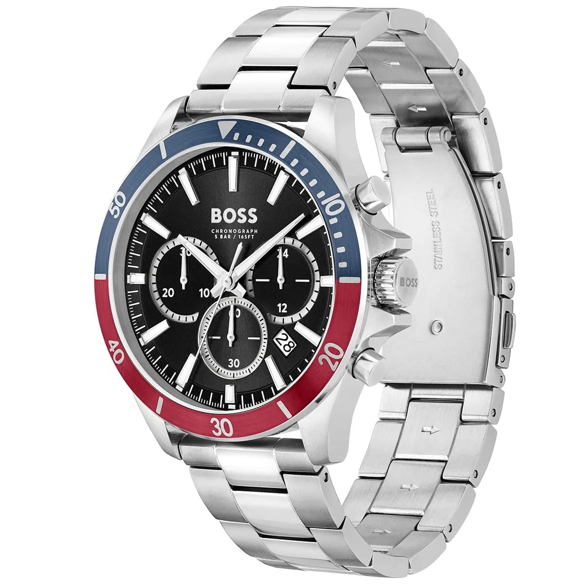 Hugo Boss Troper chronograph shown from angled side view with metal bracelet and three subdials visible