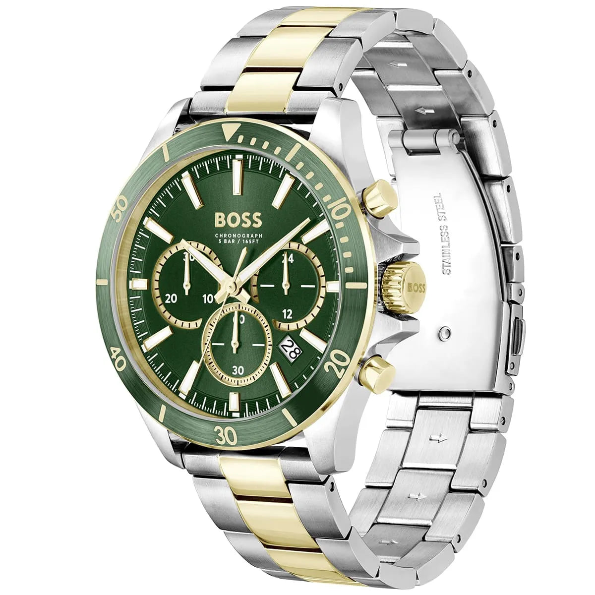 Hugo Boss Troper chronograph watch front and side view showing two-tone bracelet