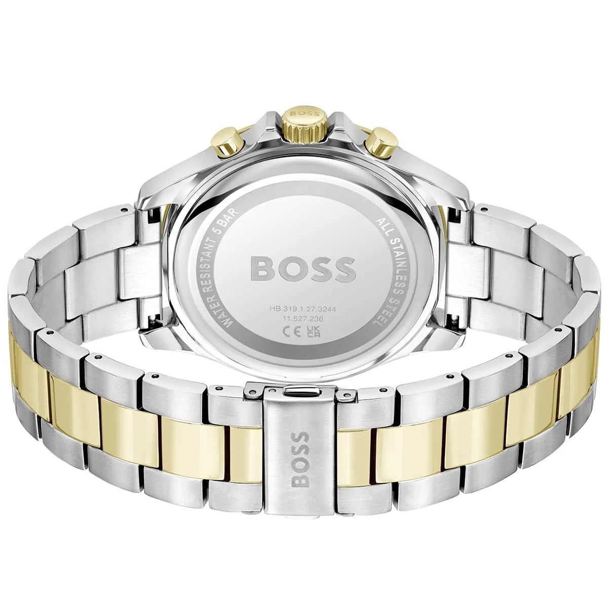 Hugo Boss Troper chronograph watch caseback with silver and gold two-tone bracelet