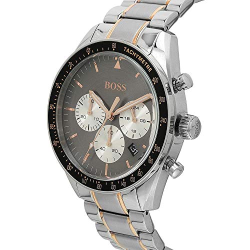 Hugo Boss Trophy 1513634 chronograph watch angled view showing two-tone steel and rose gold strap