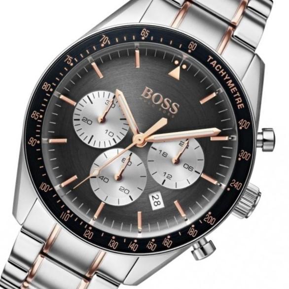 Hugo Boss Trophy 1513634 chronograph dial detail showing grey face, subdials, and rose gold hands