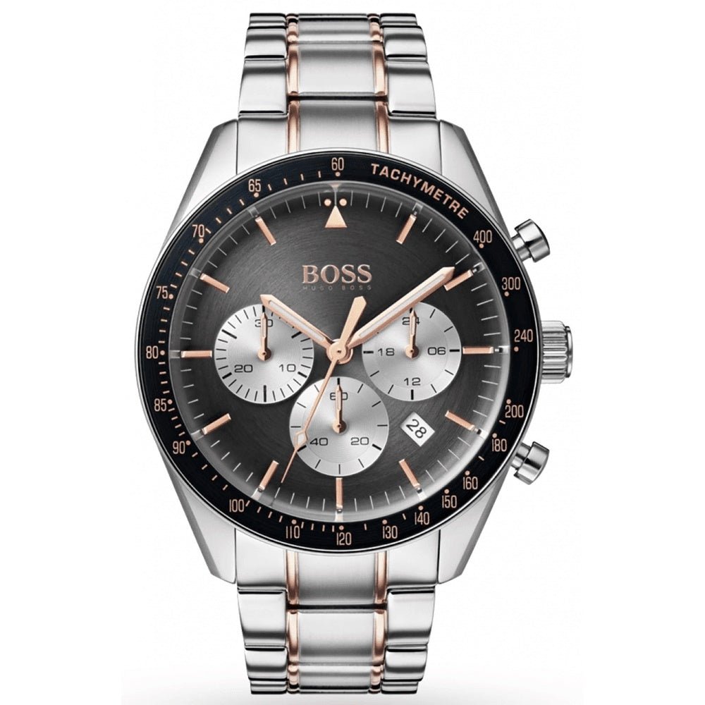 Hugo Boss Trophy 1513634 men's chronograph watch grey dial and rose gold accents, straight on view