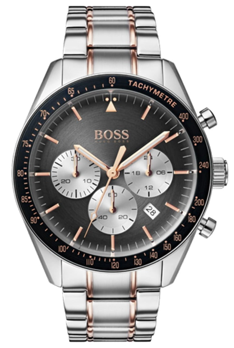 Hugo Boss Trophy 1513634 chronograph watch with grey dial and two-tone steel strap, front view