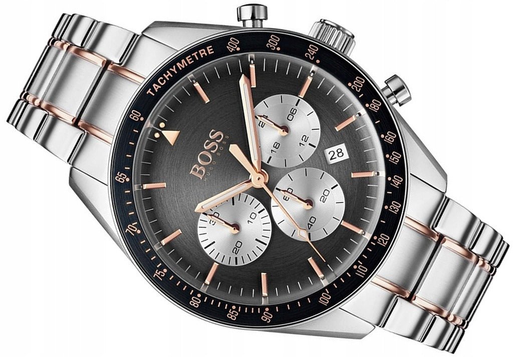 Hugo Boss Trophy 1513634 chronograph watch showing case side profile and full two-tone bracelet