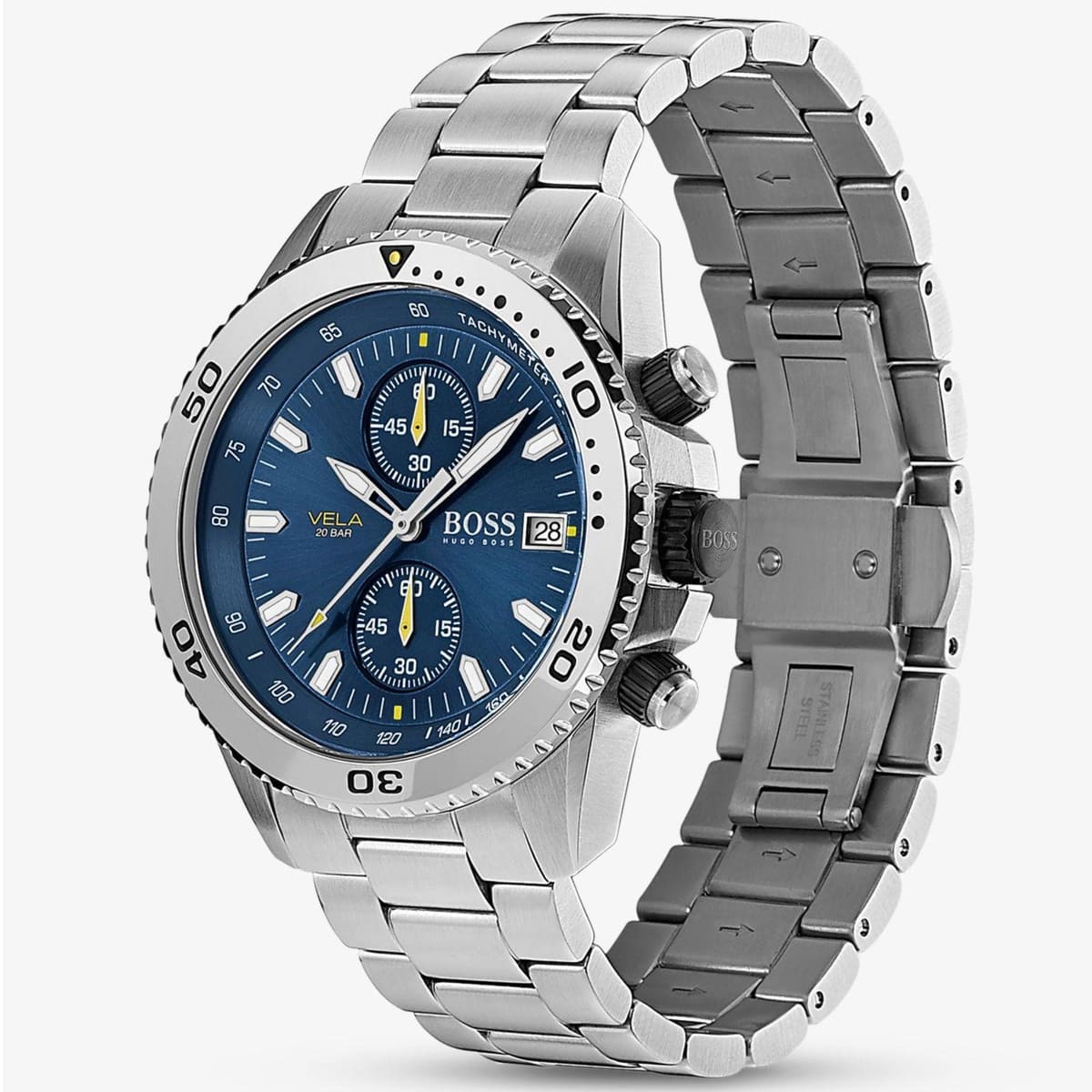 Hugo Boss Vela chronograph watch angled view showing stainless steel bracelet and blue dial
