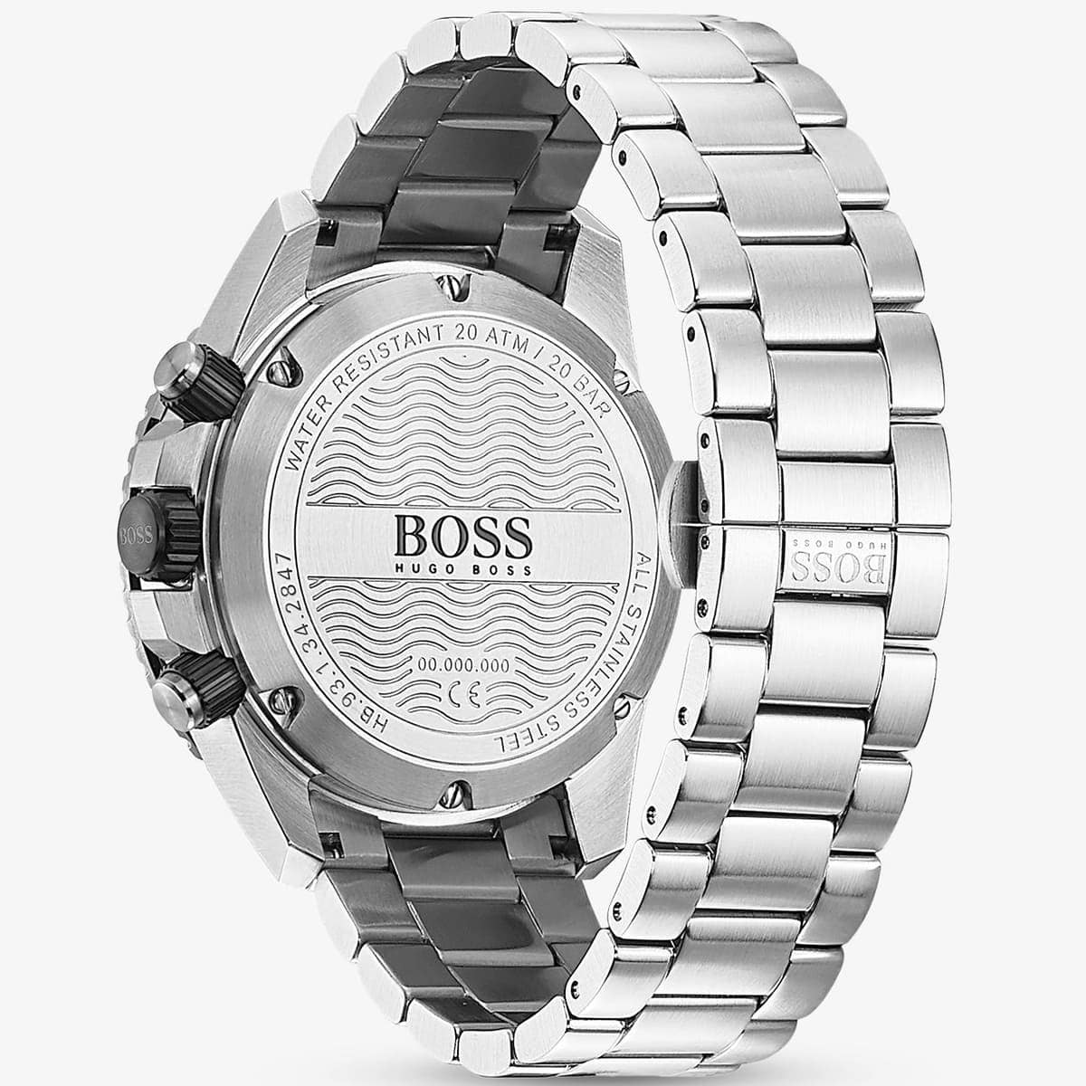Hugo Boss Vela watch caseback showing engraved BOSS branding and 50m water resistance rating