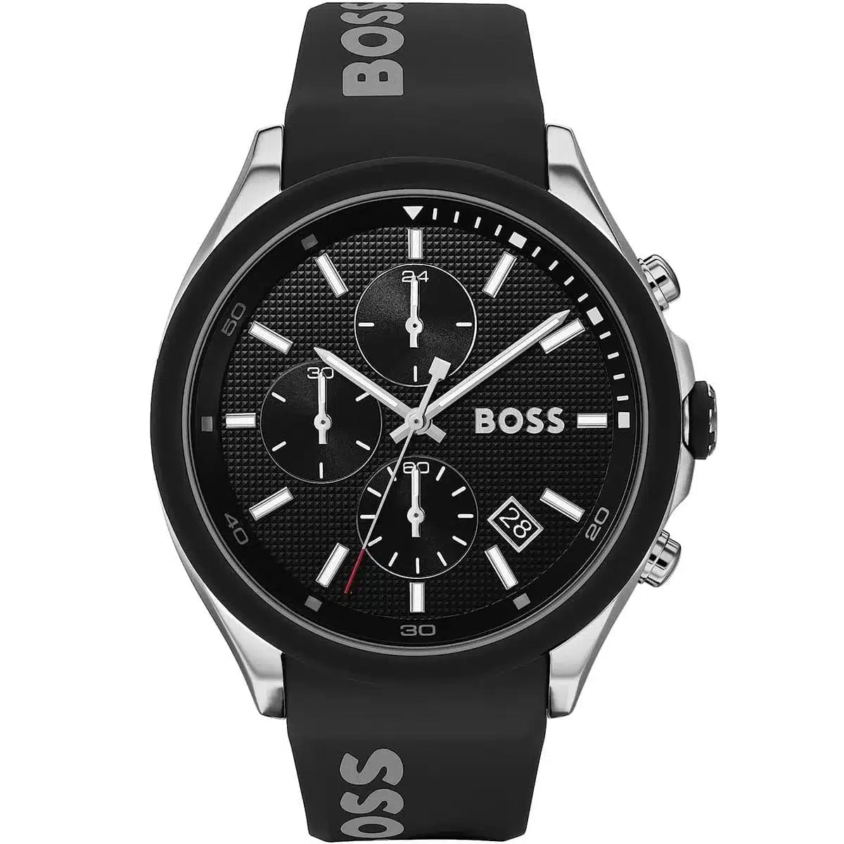 Hugo Boss Velocity men's chronograph with black textured dial and silver case on black strap
