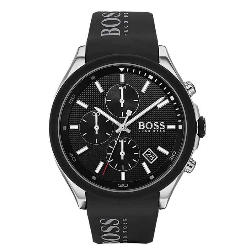 Hugo Boss Velocity chronograph watch with black dial and three sub-dials on black rubber strap