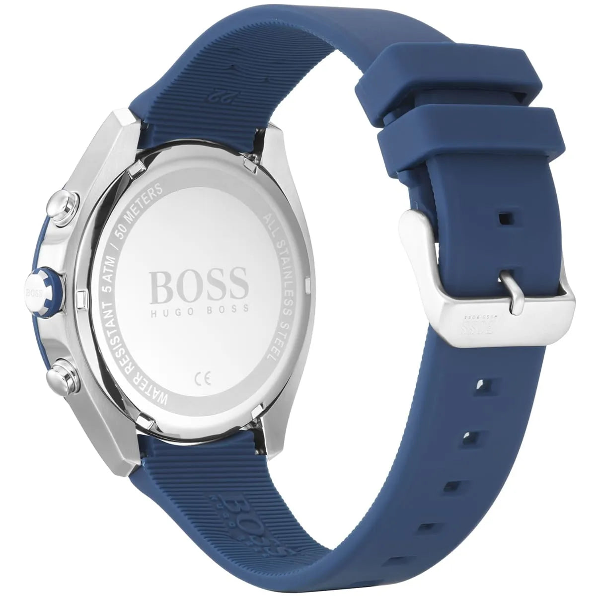 Hugo Boss Velocity watch caseback showing stainless steel case and blue rubber strap
