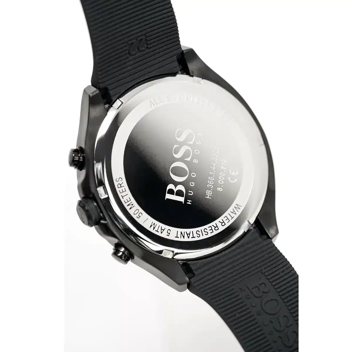 Angled view of Hugo Boss Velocity chronograph watch with black case and rubber strap