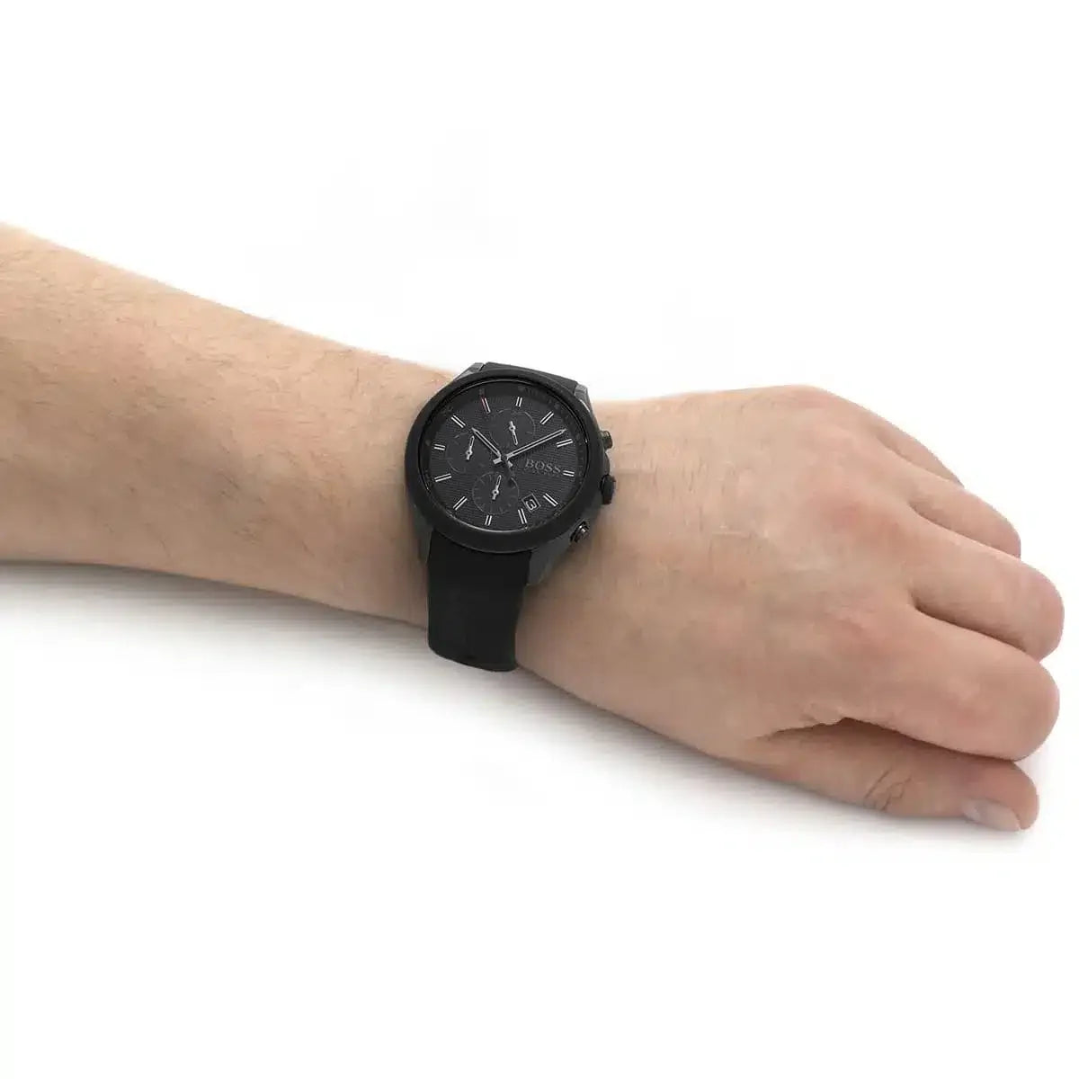 Hugo Boss Velocity chronograph watch worn on wrist with black case and rubber strap