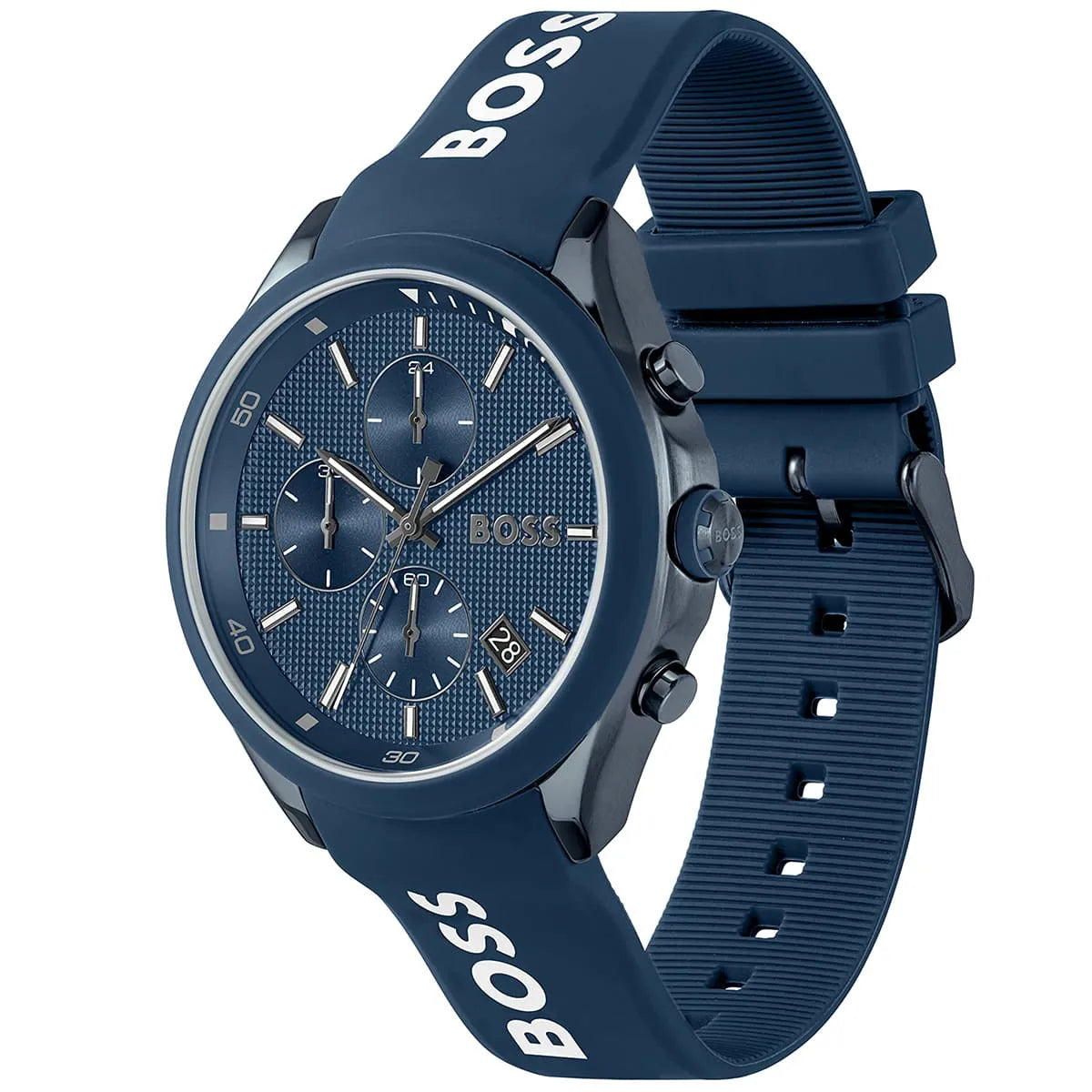 Hugo Boss Velocity chronograph watch side angle view with rubber strap