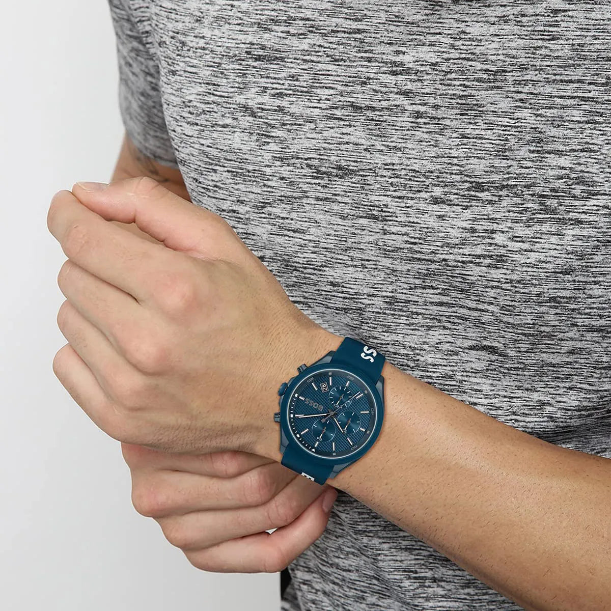 Hugo Boss Velocity blue chronograph watch on wrist worn casually