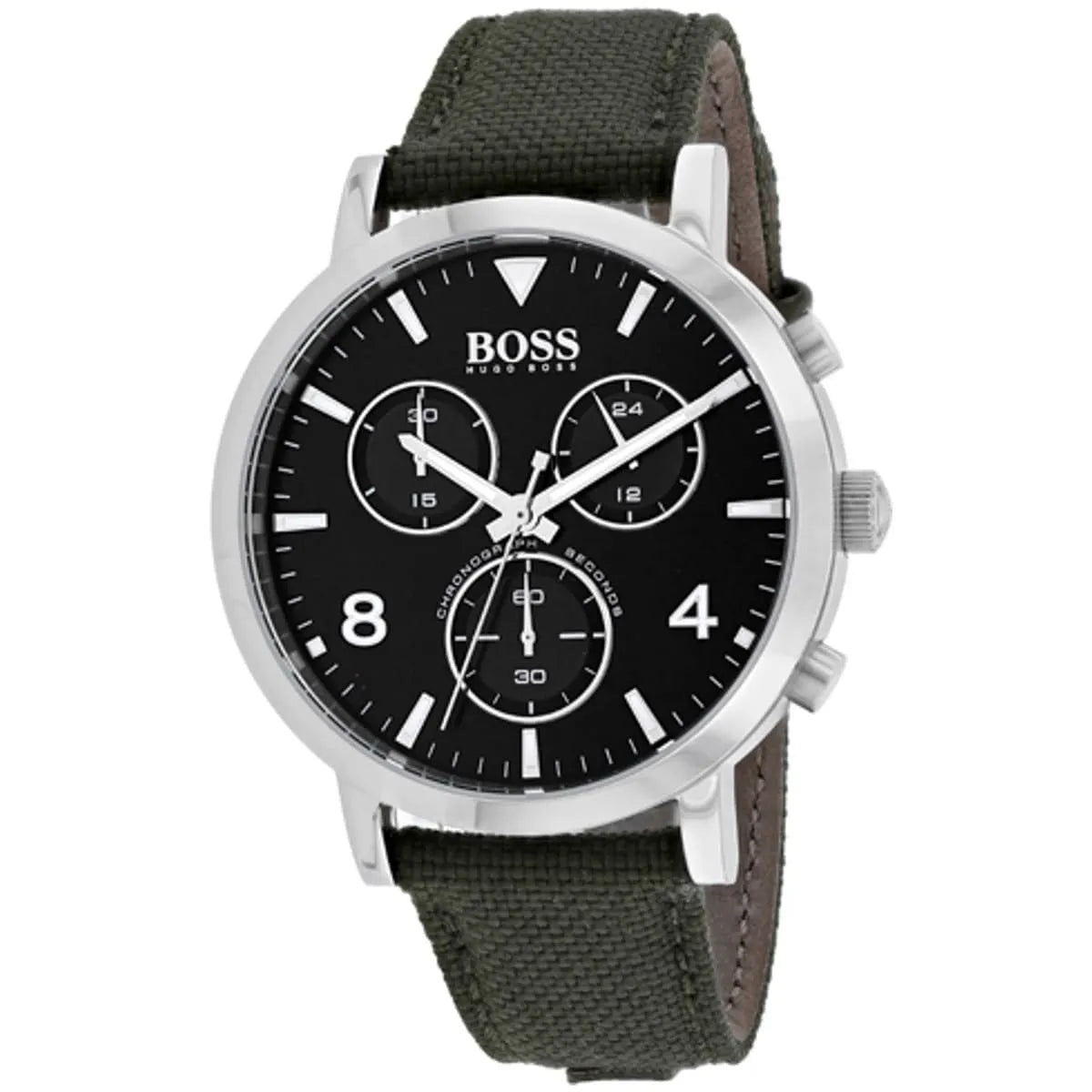 Hugo Boss Vesada chronograph watch angled view showing black dial and green fabric textile strap