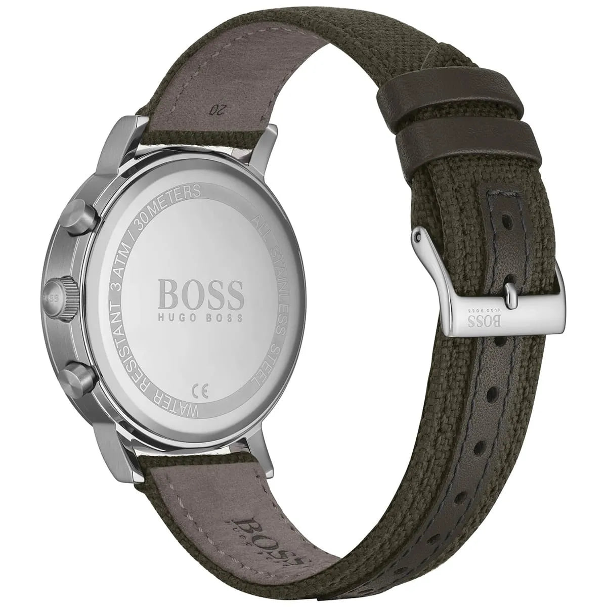 Hugo Boss Vesada watch caseback showing stainless steel back with brand engraving and green fabric strap