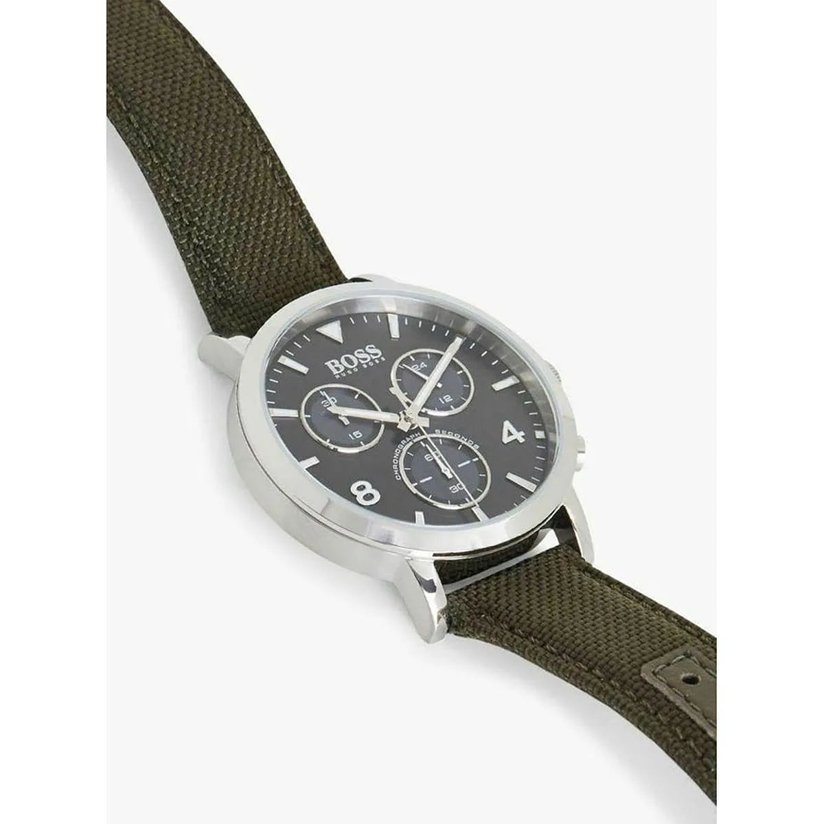 Hugo Boss Vesada chronograph watch worn on wrist with green fabric strap and black dial visible