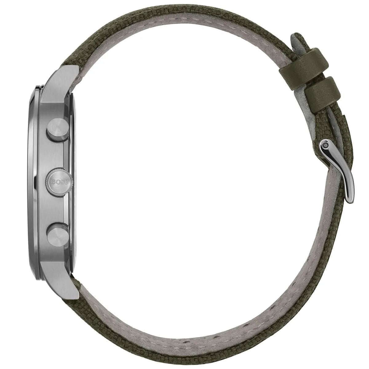 Hugo Boss Vesada chronograph watch side view displaying silver case profile and green textile strap